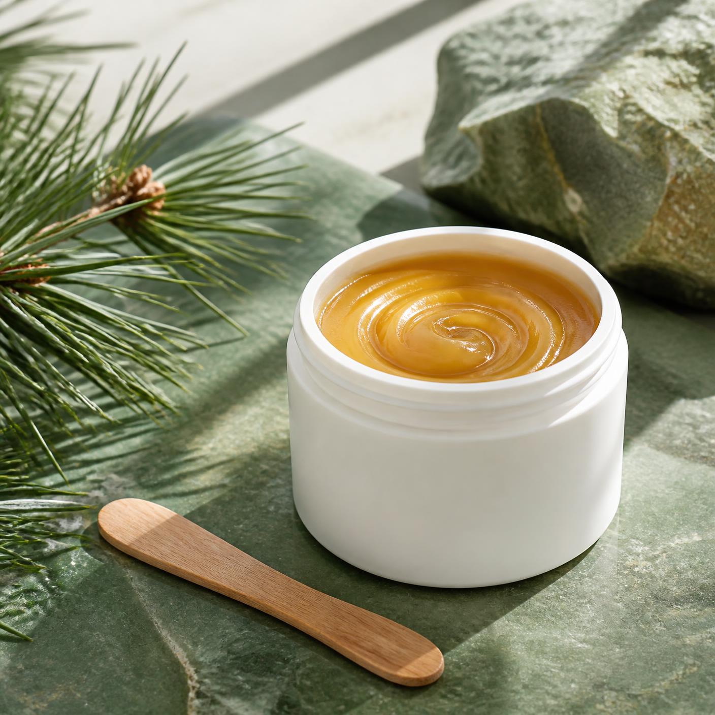 Natural pine-based Elasti K Wax in an open jar with a wooden applicator