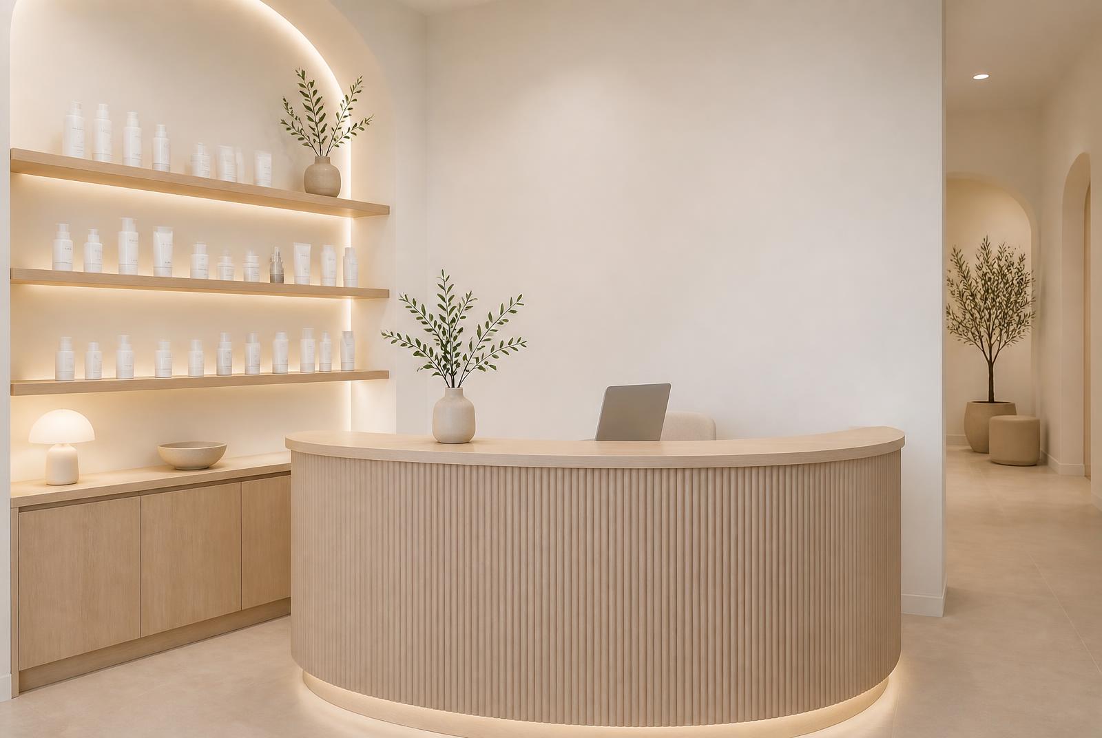 Reception area and professional skincare shelf inside a Glo30 studio